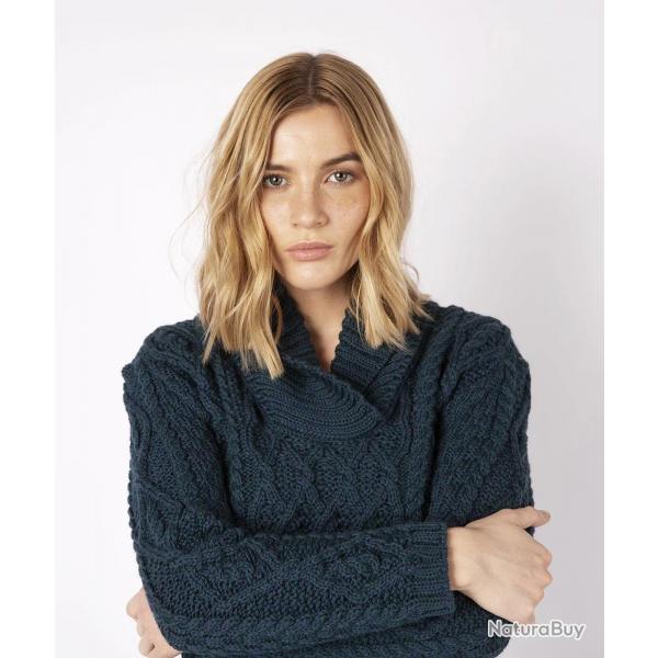 Pull chaud femme torsades irlandais pure laine et col chle bleu marine navy XS (extra small)