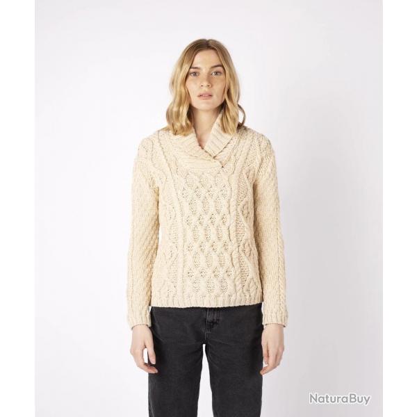Pull chaud femme torsades irlandais pure laine et col chle beige XS (extra small)