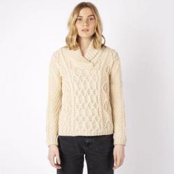 Pull chaud femme torsades irlandais pure laine et col châle beige S (small)