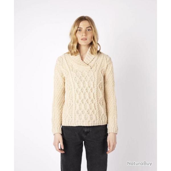Pull chaud femme torsades irlandais pure laine et col chle beige M (mdium)