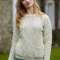 Pull femme ras de cou chaud pure laine mérinos avec poches blanc écru S (small)