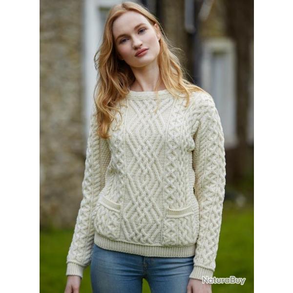 Pull femme ras de cou chaud pure laine mrinos avec poches blanc cru S (small)