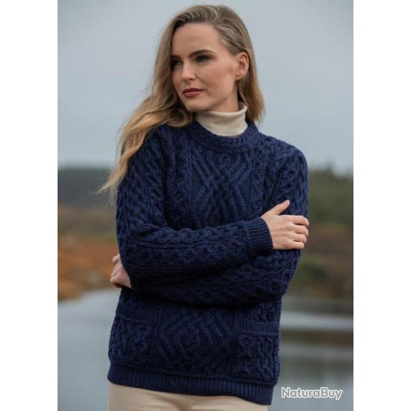 Pull femme ras de cou chaud pure laine mrinos avec poches S (small) bleu nuit