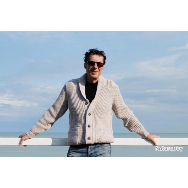 Gilet homme col chle ctel avec poches en pure laine mrinos beige M (mdium)