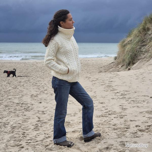 Gilet femme zipp  col montant en pure laine de merinos blanc cru 2XL