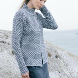 Veste femme jacquard à carreaux avec boutons et col en pure laine mérinos  gris  S (small)