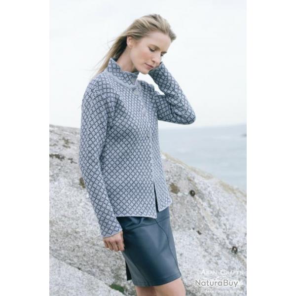 Veste femme jacquard avec boutons et col en pure laine mrinos  gris  S (small)