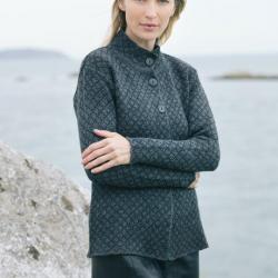 Veste femme jacquard à carreaux avec boutons et col en pure laine mérinos  gris foncé S (small)