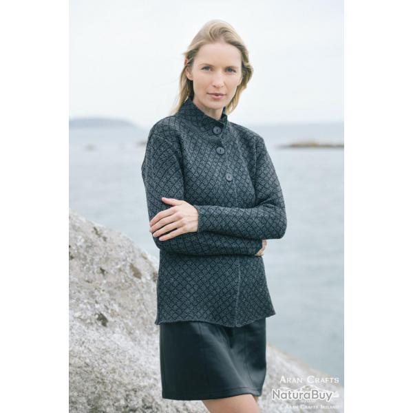 Veste femme jacquard avec boutons et col en pure laine mrinos  gris fonc XL (extra large)