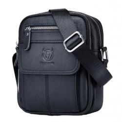 Sacoche en Cuir Véritable Sac Grande capacité bandoulière réglable Noir Homme