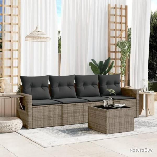 Salon de jardin 5 pcs avec coussins gris rsine tresse