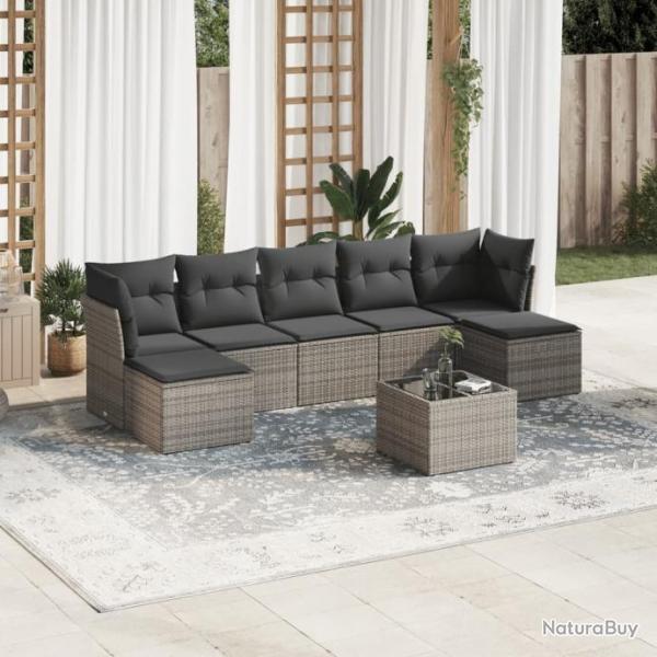 Salon de jardin 8 pcs avec coussins gris rsine tresse