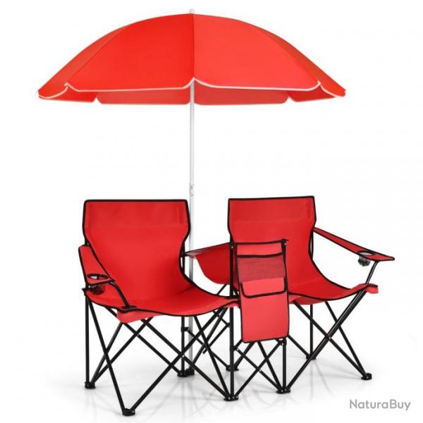 Chaise de camping pliante 2 places avec poche isotherme porte-gobelet parasol accoudoirs portable 1