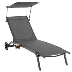 Bain de soleil inclinable à dossier 6 niveaux charge 150 kg chaise longue jardin extérieur avec rou