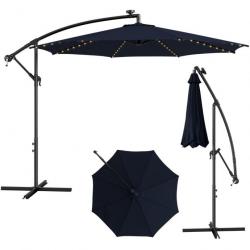 Parasol déporté inclinable 3 m avec 112 lumières led avec panneau solaire base croisée manivelle ve