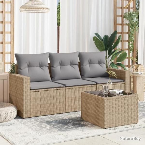 Salon de jardin avec coussins 4 pcs beige rsine tresse