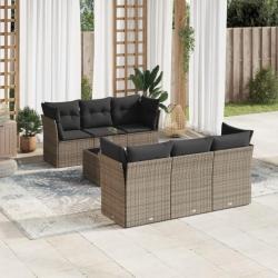 Salon de jardin avec coussins 7 pcs gris résine tressée