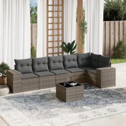 Salon de jardin avec coussins 7 pcs gris résine tressée