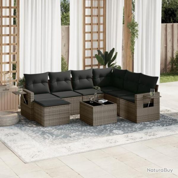 Salon de jardin 8 pcs avec coussins gris rsine tresse