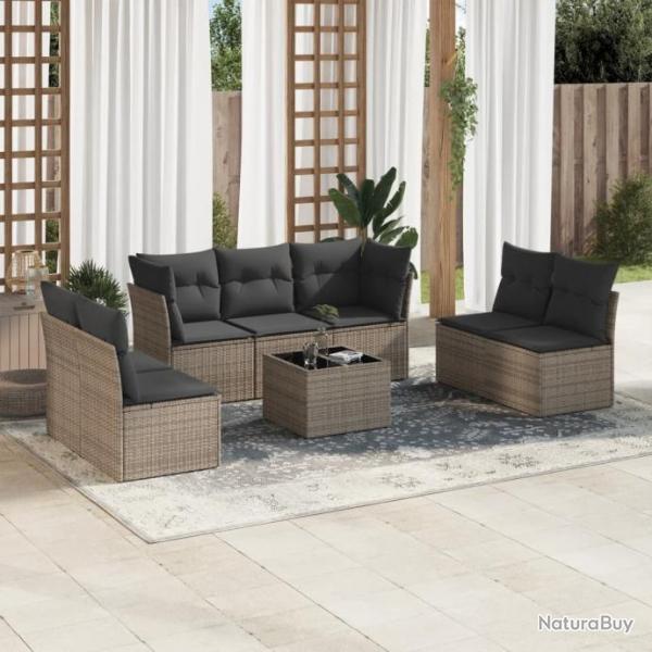 Salon de jardin 8 pcs avec coussins gris rsine tresse