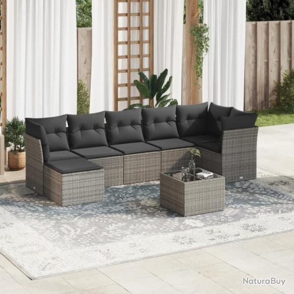 Salon de jardin 8 pcs avec coussins gris rsine tresse