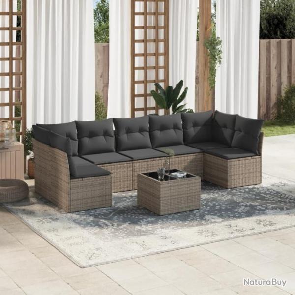 Salon de jardin 8 pcs avec coussins gris rsine tresse