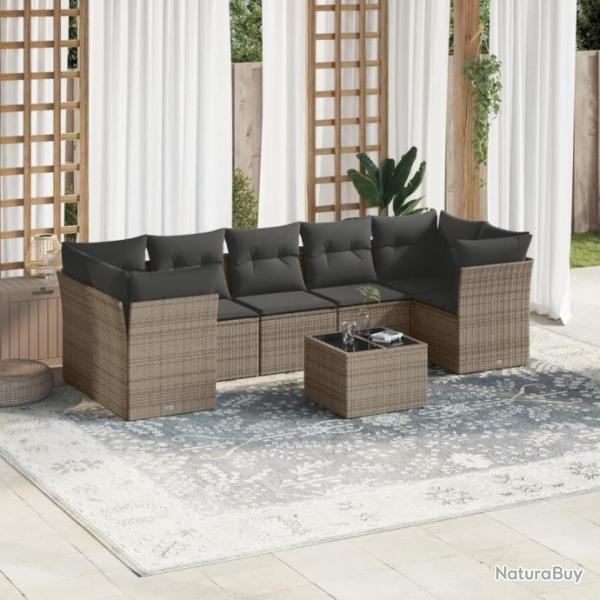 Salon de jardin 8 pcs avec coussins gris rsine tresse