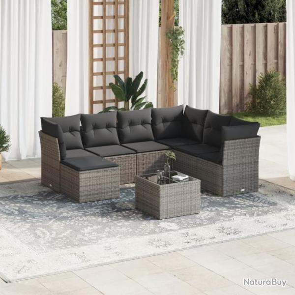 Salon de jardin 8 pcs avec coussins gris rsine tresse