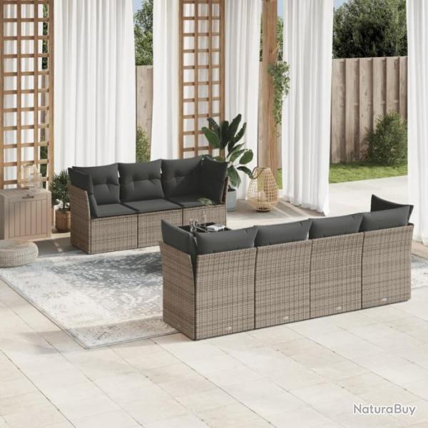 Salon de jardin 8 pcs avec coussins gris rsine tresse