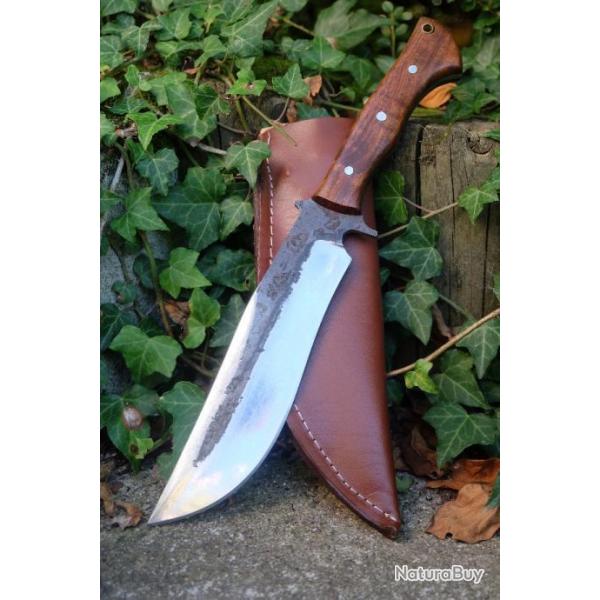 Gros Couteau De Trappeur Chasse Bowie Lame Acier Carbone 1075 Etui Cuir Manche Bois Fab Artisanale A