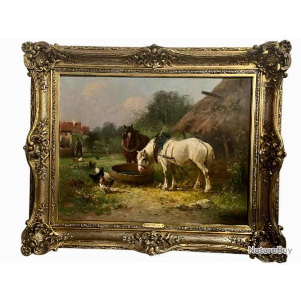 Bruneau Odette Chevaux , sabrevant  Huile Sur Toile