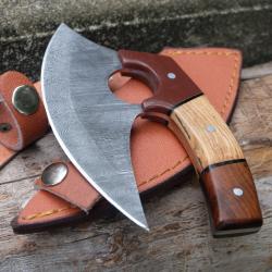 Couteau d'Esquimau Inuit Ulu Lame Acier Damas 256 Couches Manche Bois/Abs Etui Cuir F Artisanale