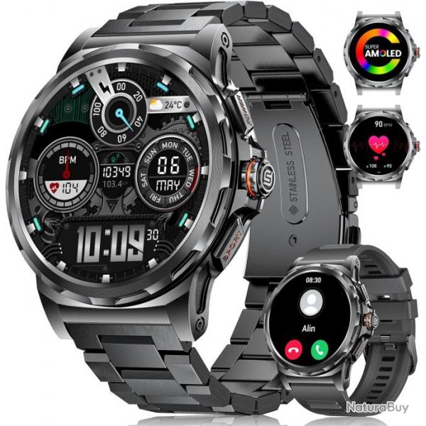 Montre Connecte Bluetooth Ecran 1,43 Pouces Montre Intelligente Etanche IP67 Sportif NOIR