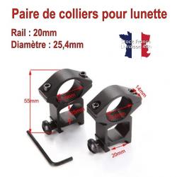 Colliers pour lunette montage d'optique diamètre 25,4mm rail 20mm haut - Stock France