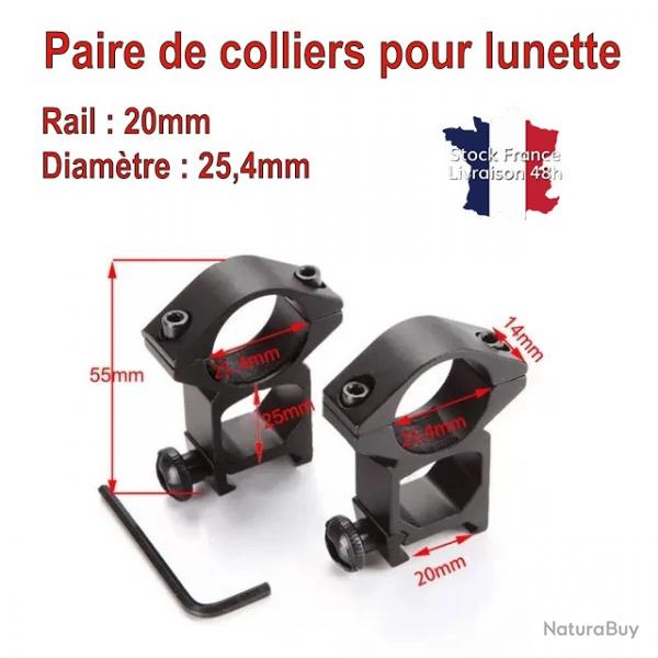 Colliers pour lunette montage d'optique diamtre 25,4mm rail 20mm haut - Stock France