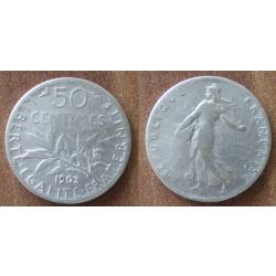 France 50 Centimes 1903 Piece Argent Semeuse Centime