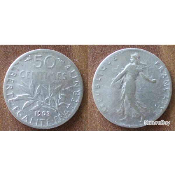 France 50 Centimes 1903 Piece Argent Semeuse Centime