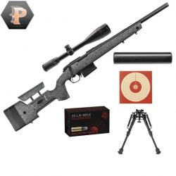 Pack Sniper Carabine Bergara B14-R Trainer Steel Cal.22LR fileté + lunette 6-24x50 + silencieux + Bi