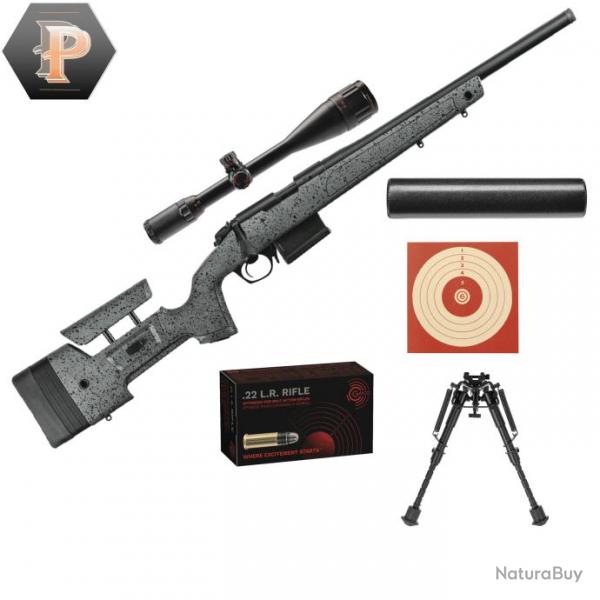 Pack Sniper Carabine Bergara B14-R Trainer Steel Cal.22LR filet + lunette 6-24x50 + silencieux + Bi