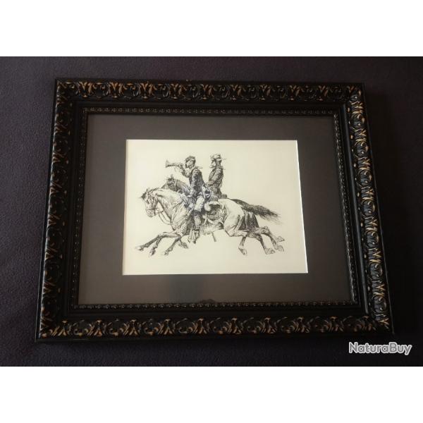 Tableau, beau dessin western reprsentant deux  Cavaliers Guerres Indiennes dans un cadre bois.
