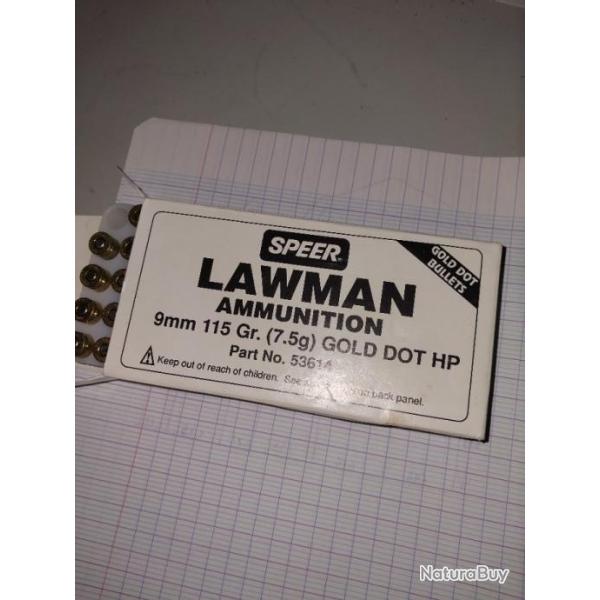 MUNITIONS 9X19 SPEER LAWMAN GOLD DOT HP EXPANSIVES