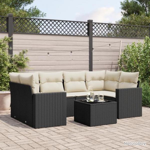 Salon de jardin 7 pcs avec coussins noir rsine tresse