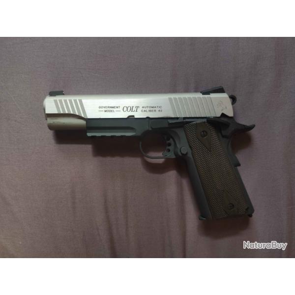 Airsoft - Colt 1911 rail gun noir et chrome ( Bicolore ) CO2 blow back | Cybergun | 1.4 Joules