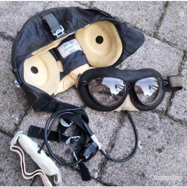 SHL-82 Casque pilote aviation sovitique +lunettes+laryngophone T.57 USSR CCCP 1990