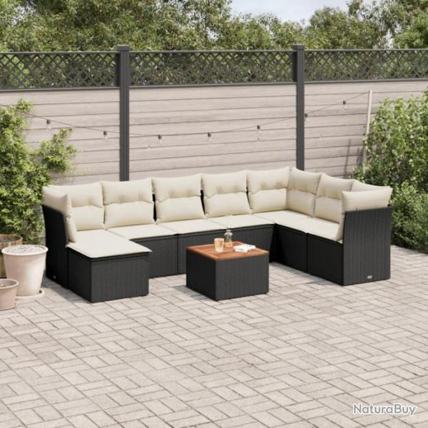 Salon de jardin 9 pcs avec coussins noir rsine tresse