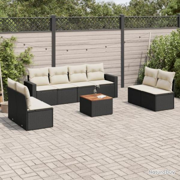 Salon de jardin 9 pcs avec coussins noir rsine tresse