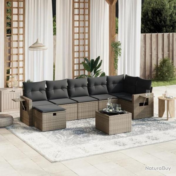 Salon de jardin 8 pcs avec coussins gris rsine tresse