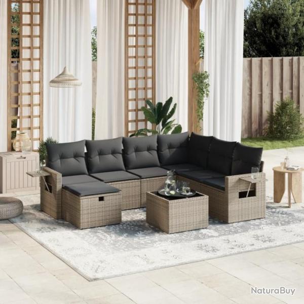 Salon de jardin 8 pcs avec coussins gris rsine tresse