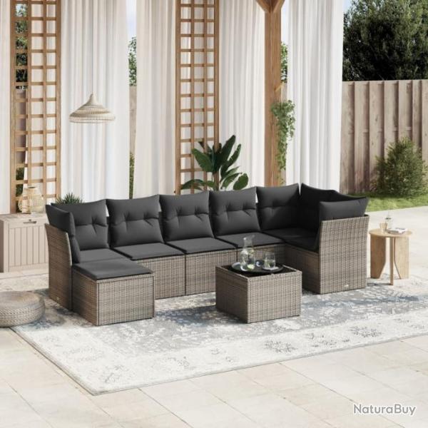 Salon de jardin 8 pcs avec coussins gris rsine tresse