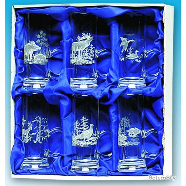 Verres  eau de vie  hanse en coffret scne de chasse